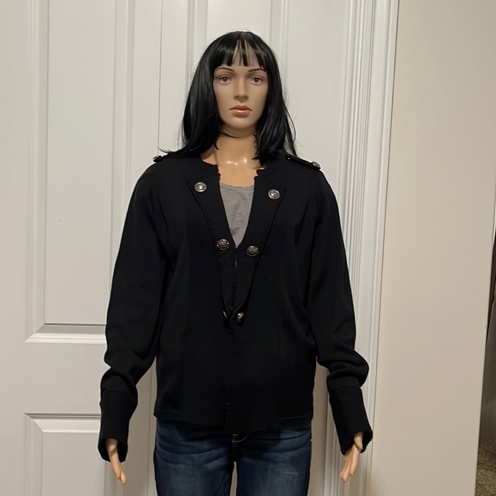 INC black Sweater jacket barely worn military influence. Fits M/L well made.